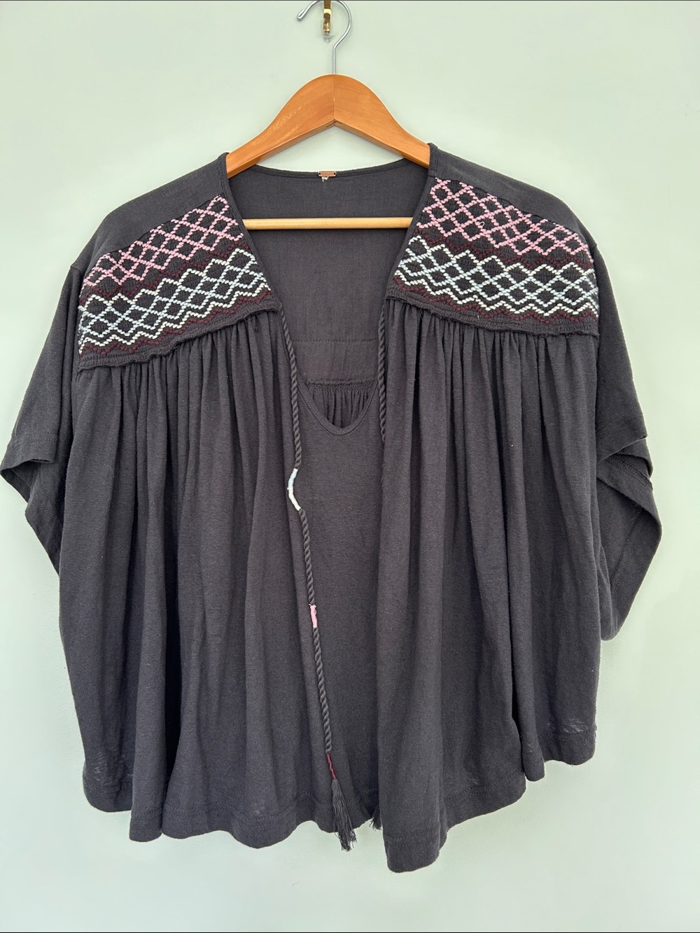 Free People Black Embroidered Open Front top with Pink & White Accents